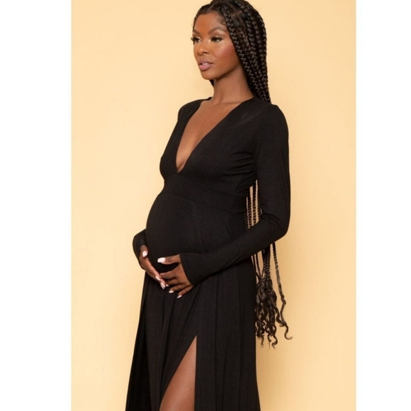 Bump Biddy Narine NEW Plunge  Maxi Maternity Dress Sexy High Slits Black Size M - Picture 4 of 16
